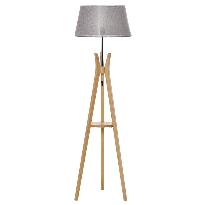 Floor Lamp 40W w/ Pedal Switch Middle Shelf Tripod Base Fabric Shade, Grey