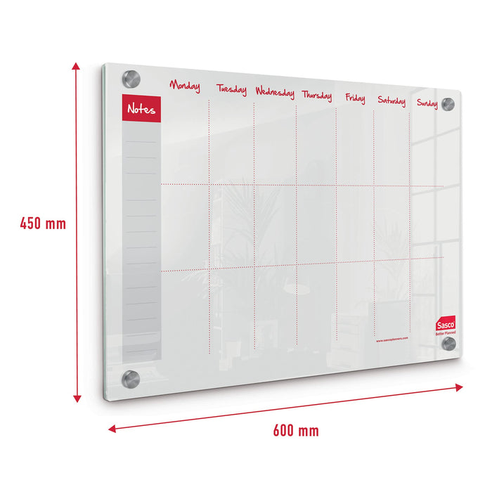 Sasco Mini Wall Mountable Whiteboard Weekly Planner 2410183 Acrylic Frameless 600 x 450 mm Semi Opaque