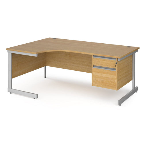 Left Hand Ergonomic Desk with 2 Lockable Drawers Pedestal and Beech Coloured MFC Top with Silver Frame Cantilever Legs Contract 25 1600 x 1200 x 725 mm