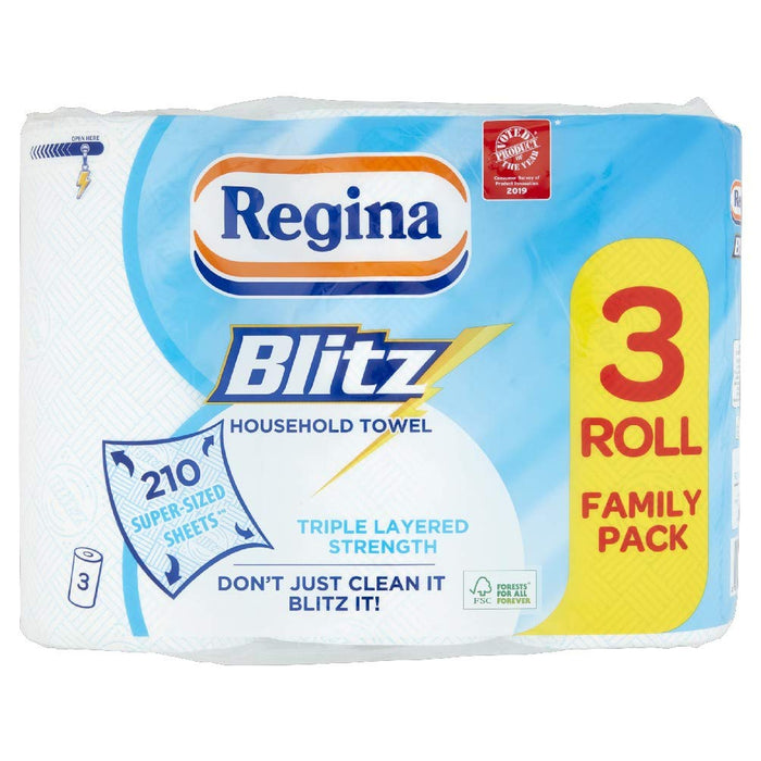 Regina Blitz Kitchen Roll 3 Ply 3 Rolls of 70 Sheets