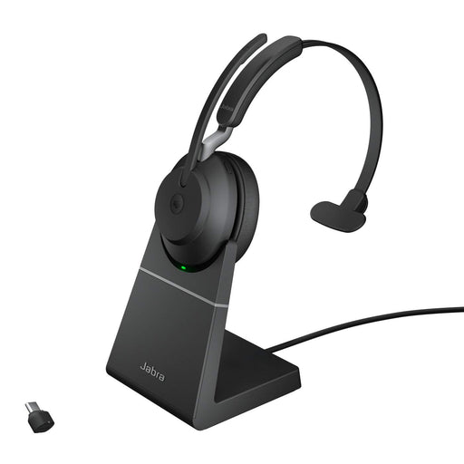 Jabra Evolve2 65 MS Mono - Headset - on-ear - convertible - Bluetooth - wireless - USB-C - noise isolating - black - with charging stand - Certified for Microsoft Teams