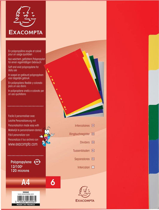 Exacompta Blank Dividers A4 Assorted Multicolour 6 Part PP (Polypropylene) 11 Holes 3006E Pack of 100