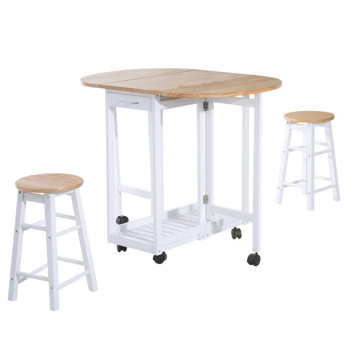 HOMCOM Set of 3 Kitchen Cart and Chairs White