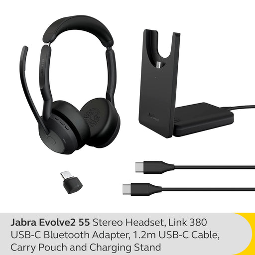 Jabra Evolve2 55 MS Stereo - Headset - on-ear - Bluetooth - wireless - active noise cancelling - USB-C - black - with charging stand - Optimised for Microsoft Teams