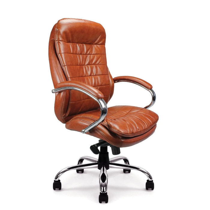 Nautilus Designs Ltd. High Back Italian Leather Faced Synchronous Executive Armchair with Integral Headrest and Chrome Base Tan