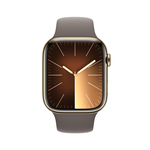 Apple Watch Series 9 (GPS + Cellular) - 45 mm - gold stainless steel - smart watch with sport band - fluoroelastomer - clay - band size: S/M - 64 GB - Wi-Fi, LTE, UWB, Bluetooth - 4G - 51.5 g