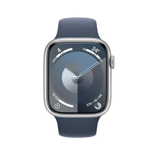 Apple Watch Series 9 (GPS + Cellular) - 45 mm - silver aluminium - smart watch with sport band - fluoroelastomer - storm blue - band size: M/L - 64 GB - Wi-Fi, LTE, UWB, Bluetooth - 4G - 39 g