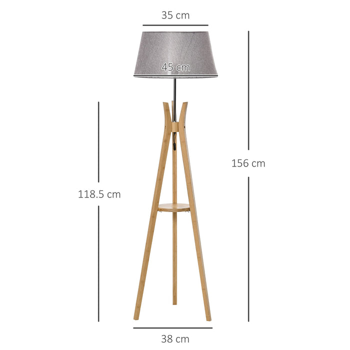 Floor Lamp 40W w/ Pedal Switch Middle Shelf Tripod Base Fabric Shade, Grey