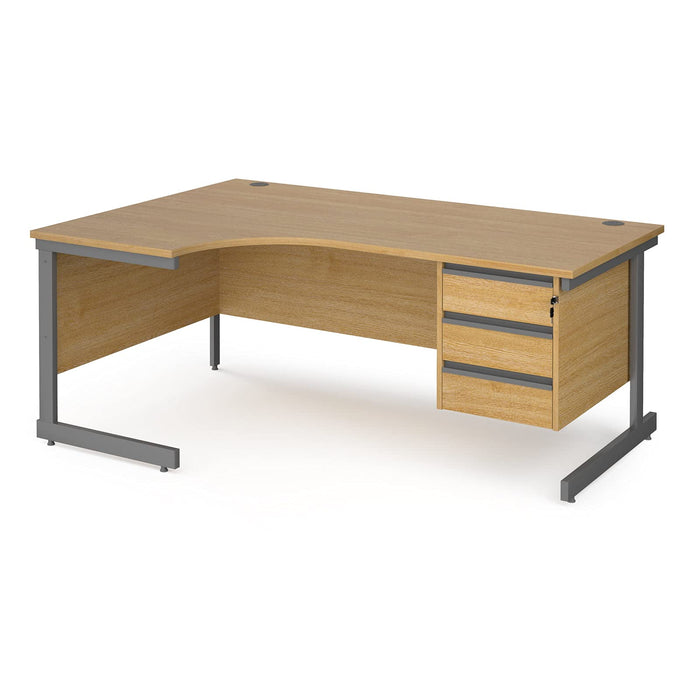 Dams International Left Hand Ergonomic Desk with 3 Lockable Drawers Pedestal and Oak Coloured MFC Top with Graphite Frame Cantilever Legs Contract 25 1600 x 1200 x 725 mm