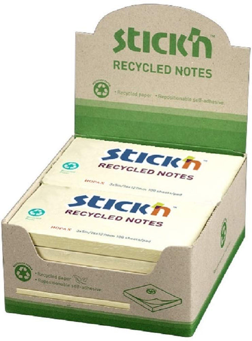 Stickn Recycled Sticky Notes 38x51mm 100 Sheets Per Pad Yellow (Pack 12) - 21407Y