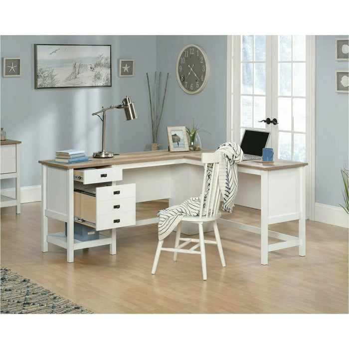 Shaker Style Home Office L-Shaped Desk White with Oak Desktop - 5428225