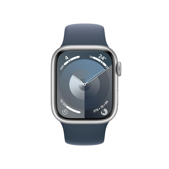 Apple Watch Series 9 (GPS + Cellular) - 41 mm - silver aluminium - smart watch with sport band - fluoroelastomer - storm blue - band size: S/M - 64 GB - Wi-Fi, LTE, UWB, Bluetooth - 4G - 32.1 g