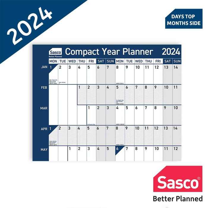 SASCO Compact Annual Planner Unmounted 2024 Landscape Blue English 61 x 40.5 cm