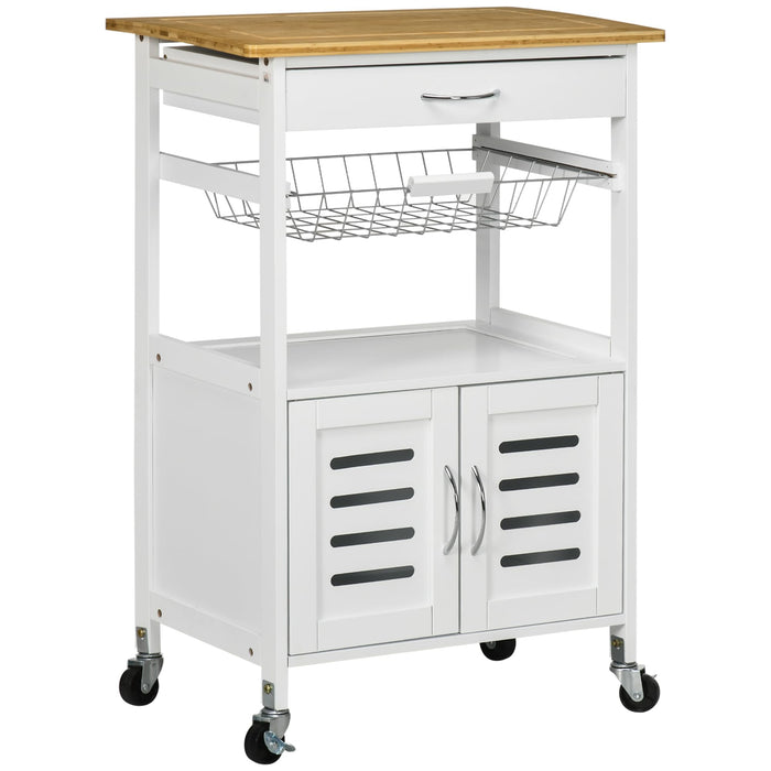 HOMCOM Kitchen Cart Bamboo, MDF (Medium-Density Fibreboard), Steel White 370 x 580 x 830 mm