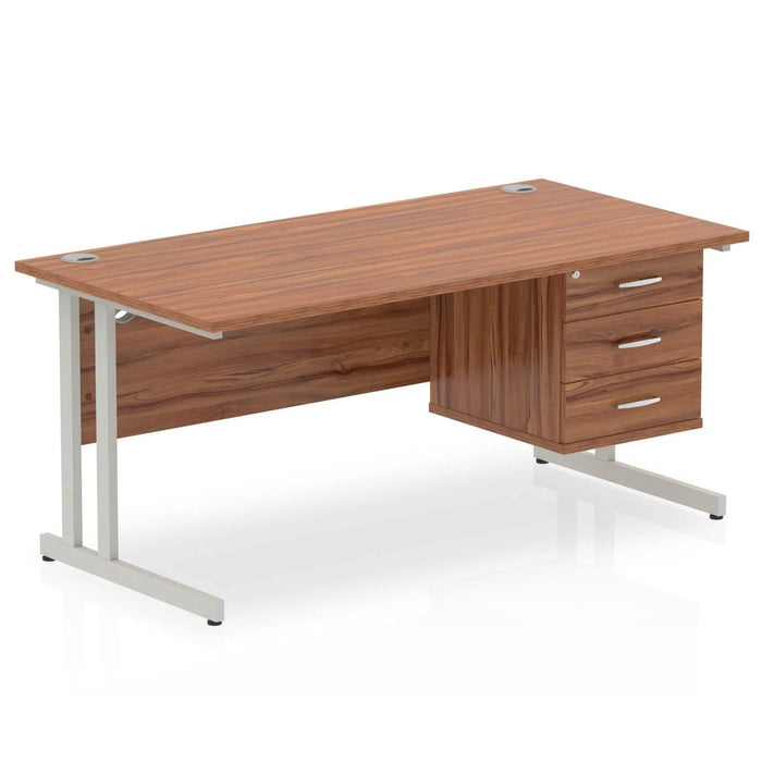 Dynamic Rectangular Office Desk Walnut MFC Cantilever Leg Silver Frame Impulse 1 x 3 Drawer Fixed Ped 1600 x 800 x 730mm