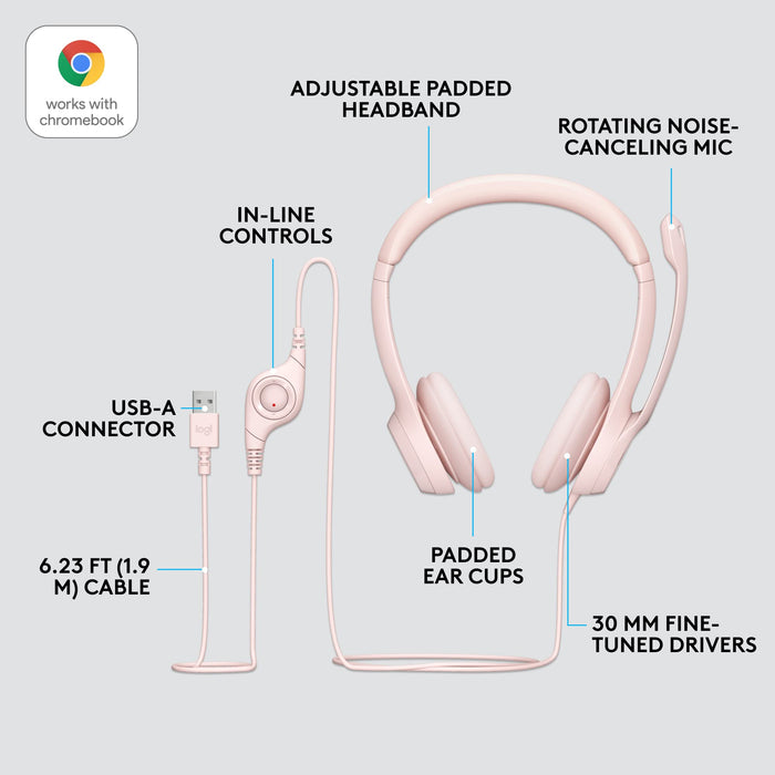 Logitech H390 - Headset - on-ear - wired - USB-A - rose