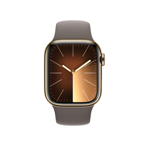 Apple Watch Series 9 (GPS + Cellular) - 41 mm - gold stainless steel - smart watch with sport band - fluoroelastomer - clay - band size: M/L - 64 GB - Wi-Fi, LTE, UWB, Bluetooth - 4G - 42.3 g