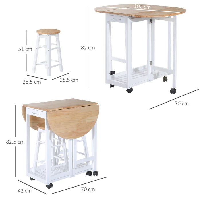 HOMCOM Set of 3 Kitchen Cart and Chairs White