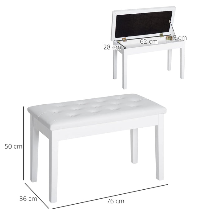 HOMCOM 1 Seat Storage Piano Bench 4 Legs Rubberwood, Composite Board, PU (Polyurethane) White