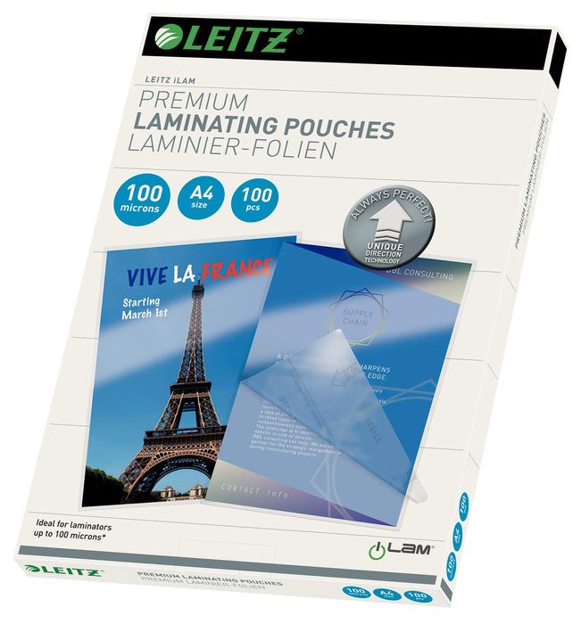 Leitz iLAM Premium Laminating Pouches A4 Glossy 100 microns (2 x 100) Transparent Pack of 100