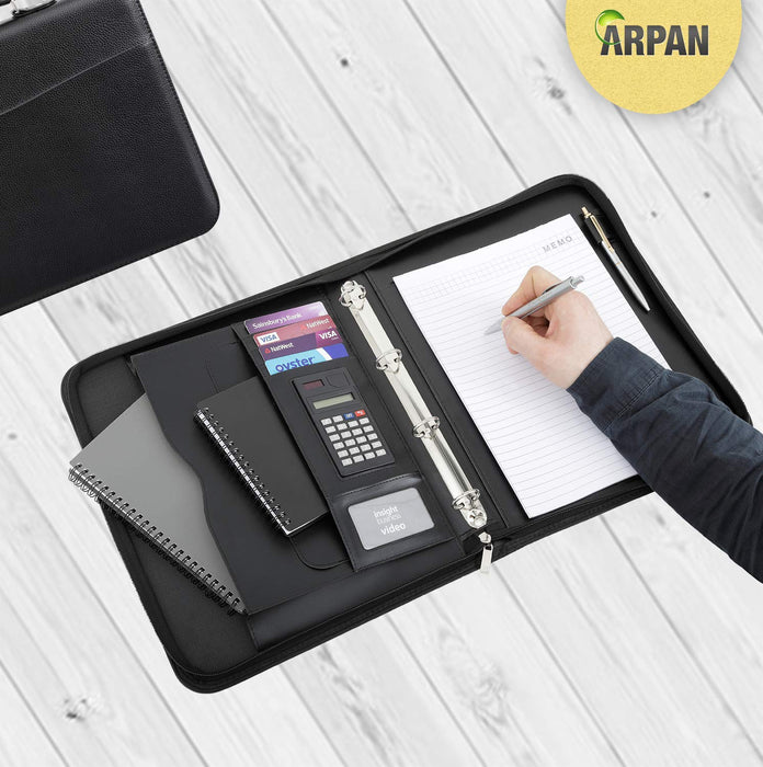 Arpan A4 4 ring Black Conference Folder with soft padded cover and calculator