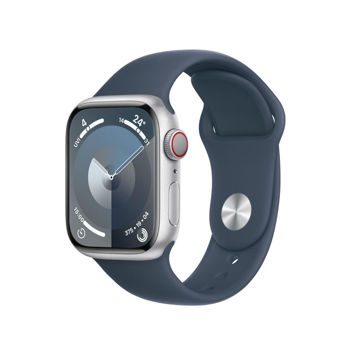 Apple Watch Series 9 (GPS + Cellular) - 41 mm - silver aluminium - smart watch with sport band - fluoroelastomer - storm blue - band size: M/L - 64 GB - Wi-Fi, LTE, UWB, Bluetooth - 4G - 32.1 g