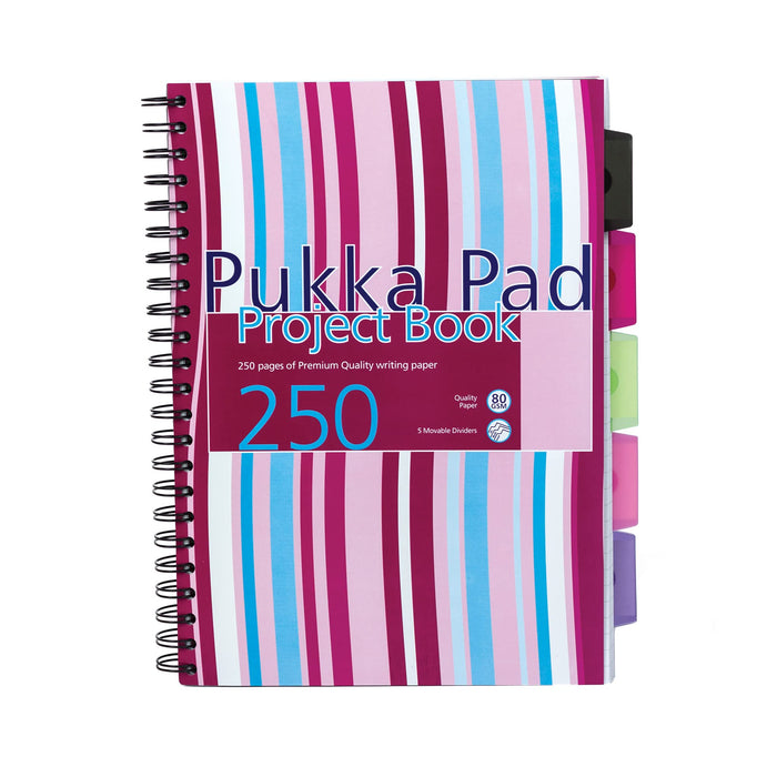 Pukka Pad Project Book Stripes A4 Ruled Spiral Bound PP (Polypropylene) Hardback Assorted Perforated 250 Pages Pack of 3