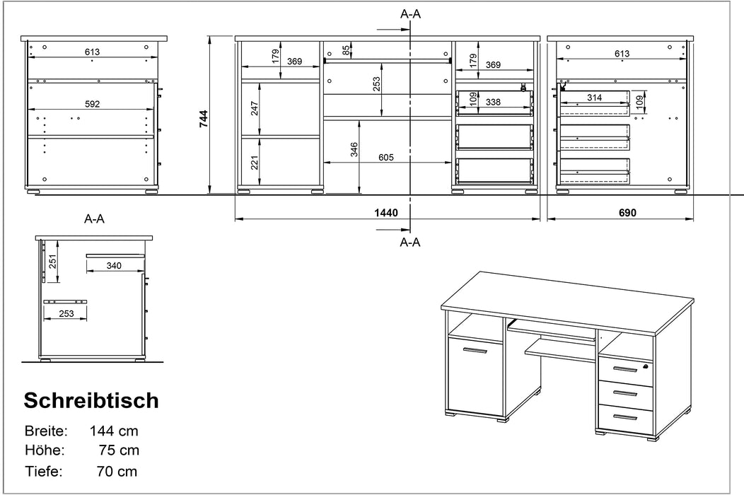 GERMANIA Home Office Desk with Anthracite Coloured Melamine Top and 3 Lockable Drawers 484 1,450 x 700 x 750 mm