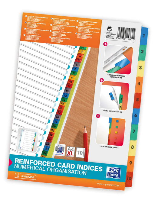 Oxford Indices A4 1-10 170 gsm White Card with Coloured Tabs