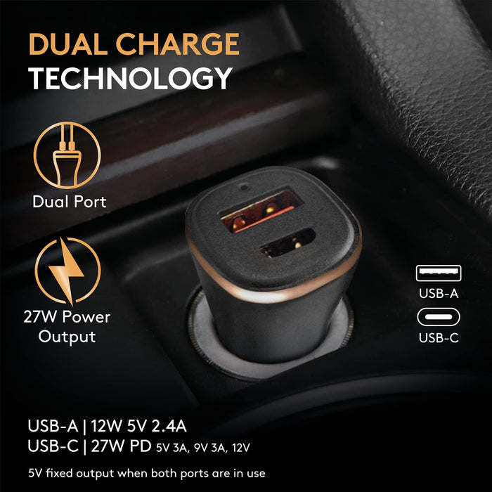 Duracell - Car power adapter - 27 Watt - 2.4 A - PD - 2 output connectors (USB, 24 pin USB-C) - black