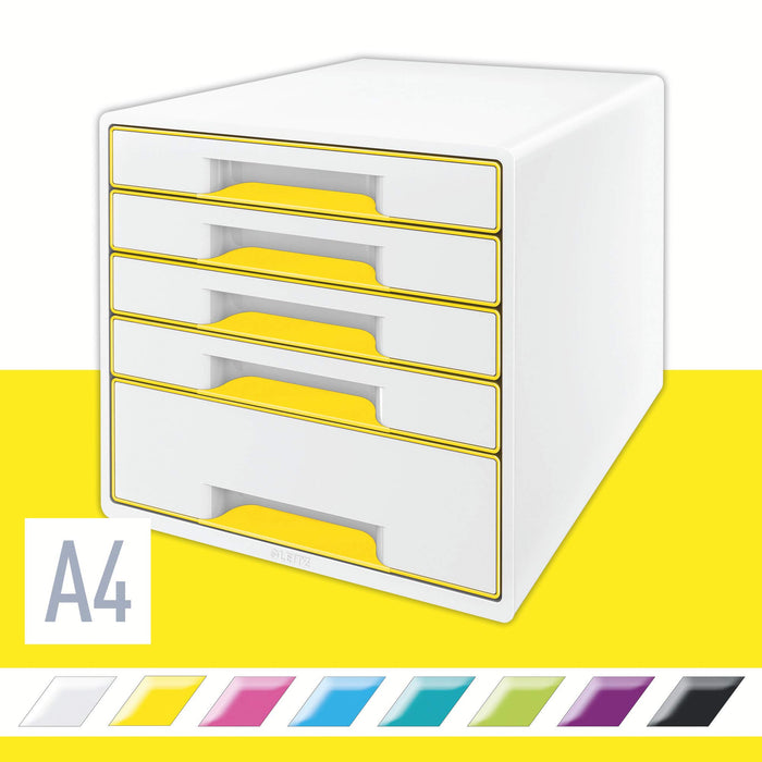 Leitz WOW Cube Desk Drawer Filing Unit Dual Colour 5 Drawers A4 White, Yellow 28.7 x 27 x 36.3 cm