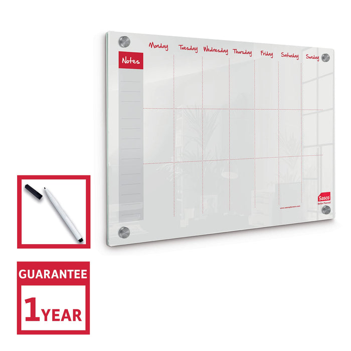 Sasco Mini Wall Mountable Whiteboard Weekly Planner 2410183 Acrylic Frameless 600 x 450 mm Semi Opaque