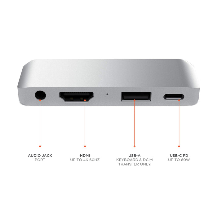 Satechi ST-TCMPHS USB-C Male to HDMI, USB 3.0, 3.5mm headphone jack Mobile Pro hub 3.25 inch Silver