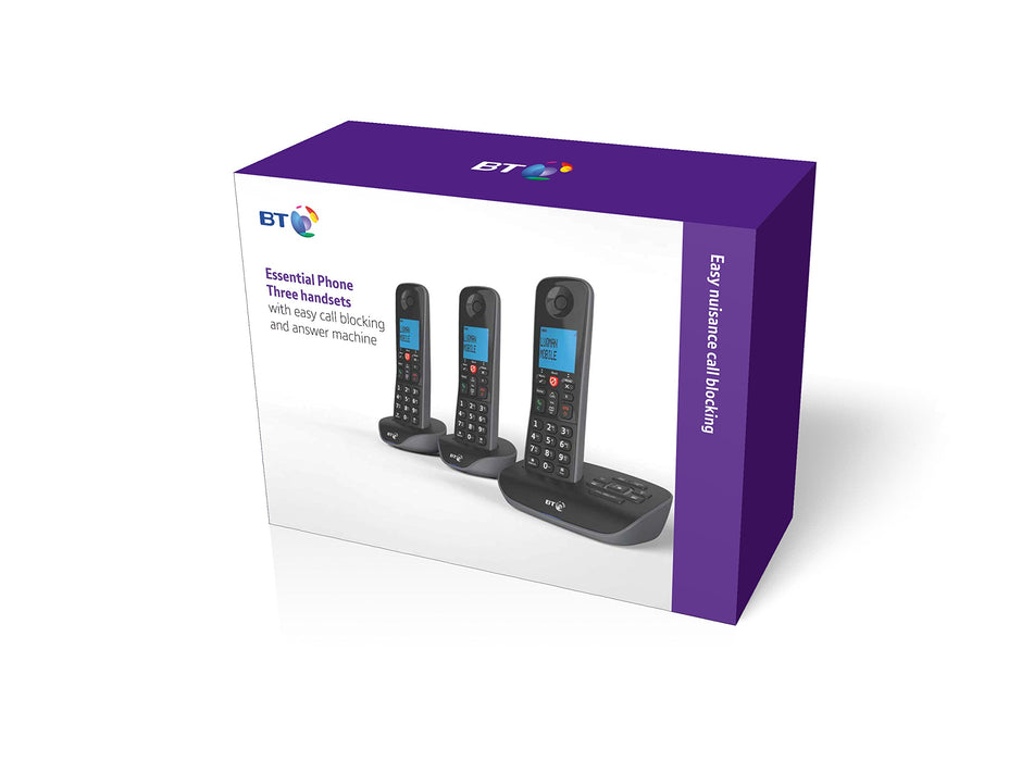 BT Essential DECT TAM Cordless Telephone 90659 Black Pack of 3