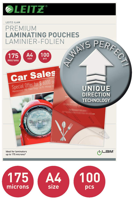 Leitz iLAM Premium Laminating Pouches A4 Glossy 175 microns (2 x 175) Transparent Pack of 100