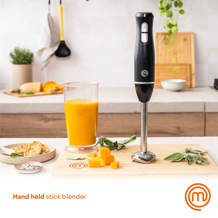 MasterChef Stick Blender 200 W with 700 ml Measuring Cup, Whisk and Chopper Bowl UK Stainless Steel Black