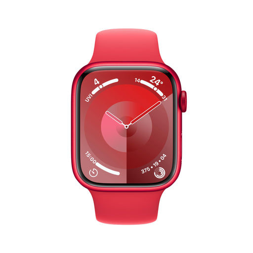 Apple Watch Series 9 (GPS) - (PRODUCT) RED - 45 mm - red aluminium - smart watch with sport band - fluoroelastomer - red - band size: S/M - 64 GB - Wi-Fi, UWB, Bluetooth - 38.7 g