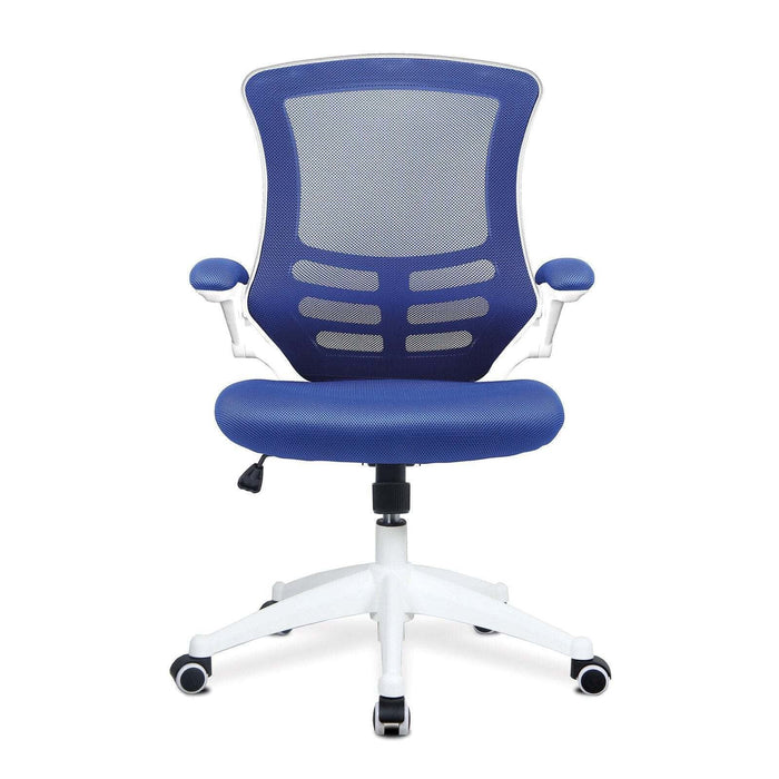 Nautilus Designs Ltd. Designer Medium Back Mesh Chair with White Shell and Folding Arms Blue