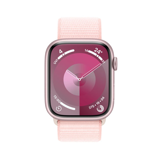 Apple Watch Series 9 (GPS) - 45 mm - pink aluminum - smart watch with sport loop - soft double-layer nylon - light pink - 64 GB - Wi-Fi, UWB, Bluetooth - 38.7 g