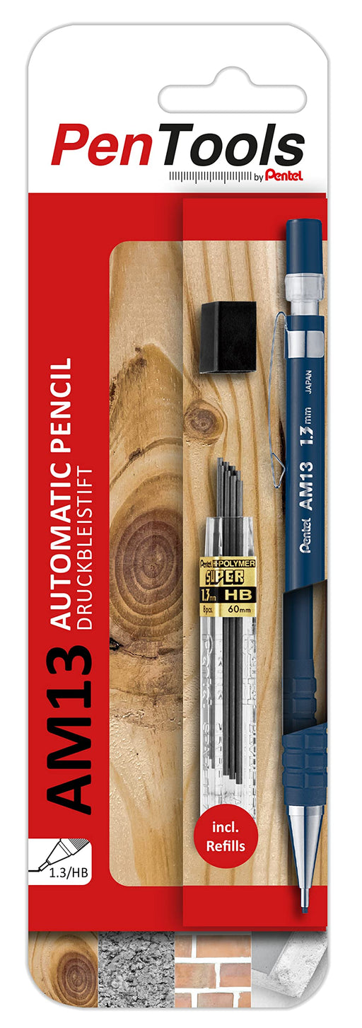 Pentel Mechanical Pencil Set AM13 1.3mm Black with 8 Refill Leads