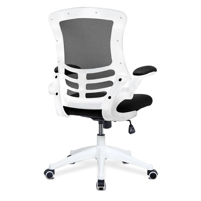 Nautilus Designs Ltd. Designer Medium Back Mesh Chair with White Shell and Folding Arms Blue