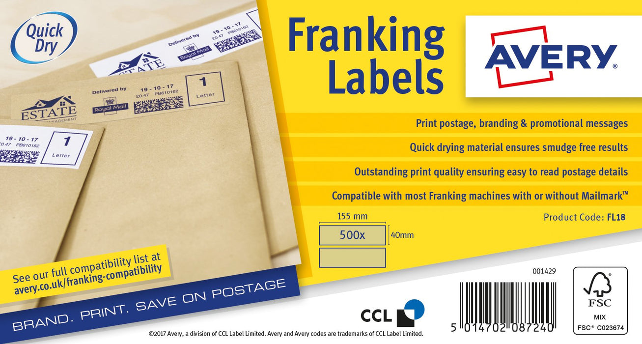 AVERY Franking Labels FL18 Special format Brown Kraft 155 x 40 mm 250 Sheets of 2 Labels