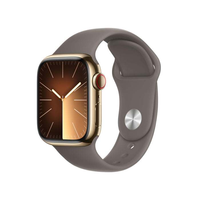 Apple Watch Series 9 (GPS + Cellular) - 41 mm - gold stainless steel - smart watch with sport band - fluoroelastomer - clay - band size: M/L - 64 GB - Wi-Fi, LTE, UWB, Bluetooth - 4G - 42.3 g