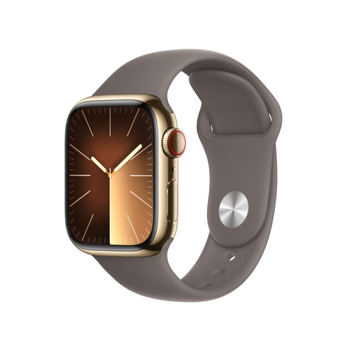 Apple Watch Series 9 (GPS + Cellular) - 41 mm - gold stainless steel - smart watch with sport band - fluoroelastomer - clay - band size: S/M - 64 GB - Wi-Fi, LTE, UWB, Bluetooth - 4G - 42.3 g