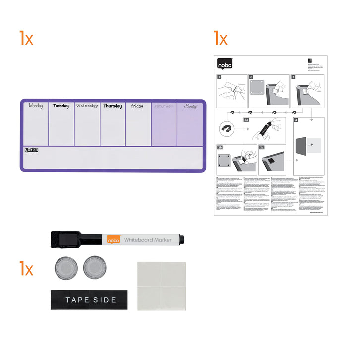 Nobo Mini Wall Mountable Magnetic Whiteboard Weekly Planner 1904048 Lacquered Steel 360 x 140 mm White, Purple