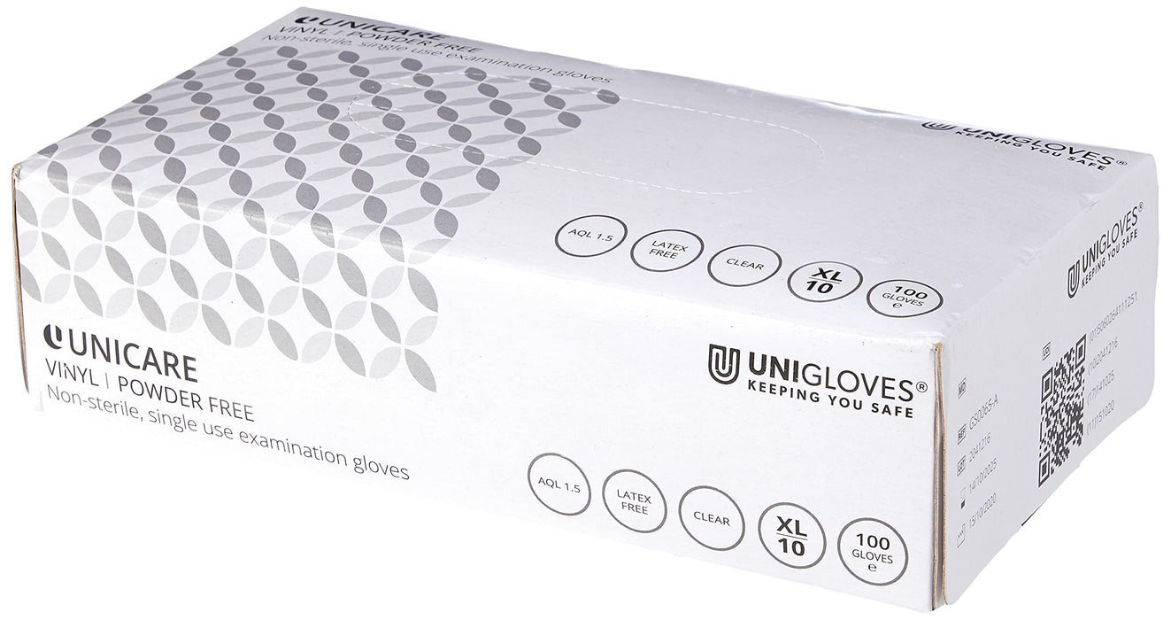 UNICARE Disposable Gloves Vinyl Non-powdered Extra Large (XL) Clear Pack of 100