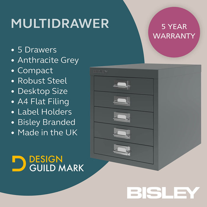 Bisley MultiDrawer Steel Desktop Drawers 5 Drawers No 279 x 380 x 325 mm Anthracite Grey