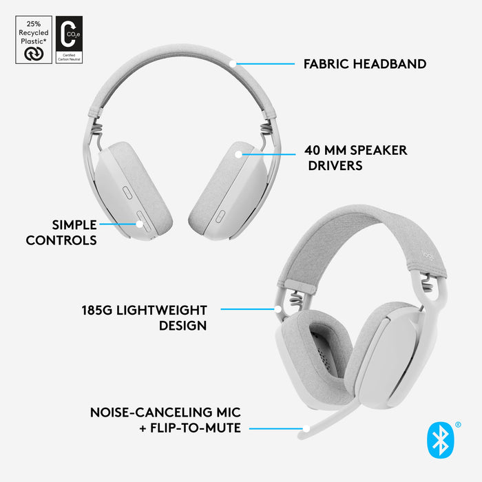 Logitech Zone Vibe 100 - Headset - full size - Bluetooth - wireless - off-white