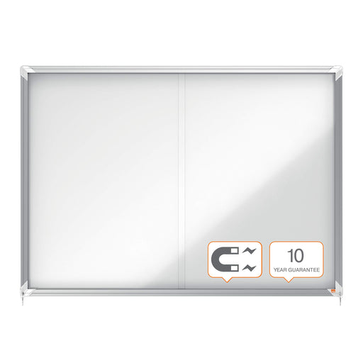 Nobo Premium Plus Wall Mountable Indoor Magnetic Lockable Notice Board 1902571 Aluminium Frame Sliding Safety Glass Door 18xA4 White 1355 x 970 mm