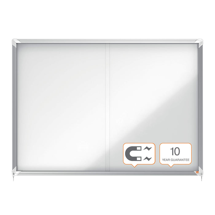 Nobo Premium Plus Wall Mountable Indoor Magnetic Lockable Notice Board 1902571 Aluminium Frame Sliding Safety Glass Door 18xA4 White 1355 x 970 mm